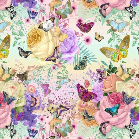 Värvilised õied ja liblikad trikotaaž digital print trikotaaz